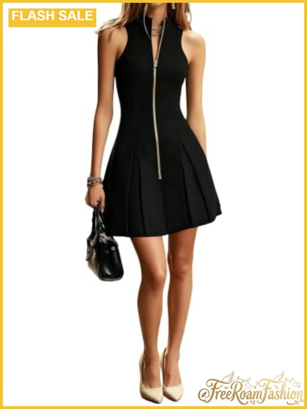Elegant Sleeveless Mock Neck Pleated A-Line Mini Dress